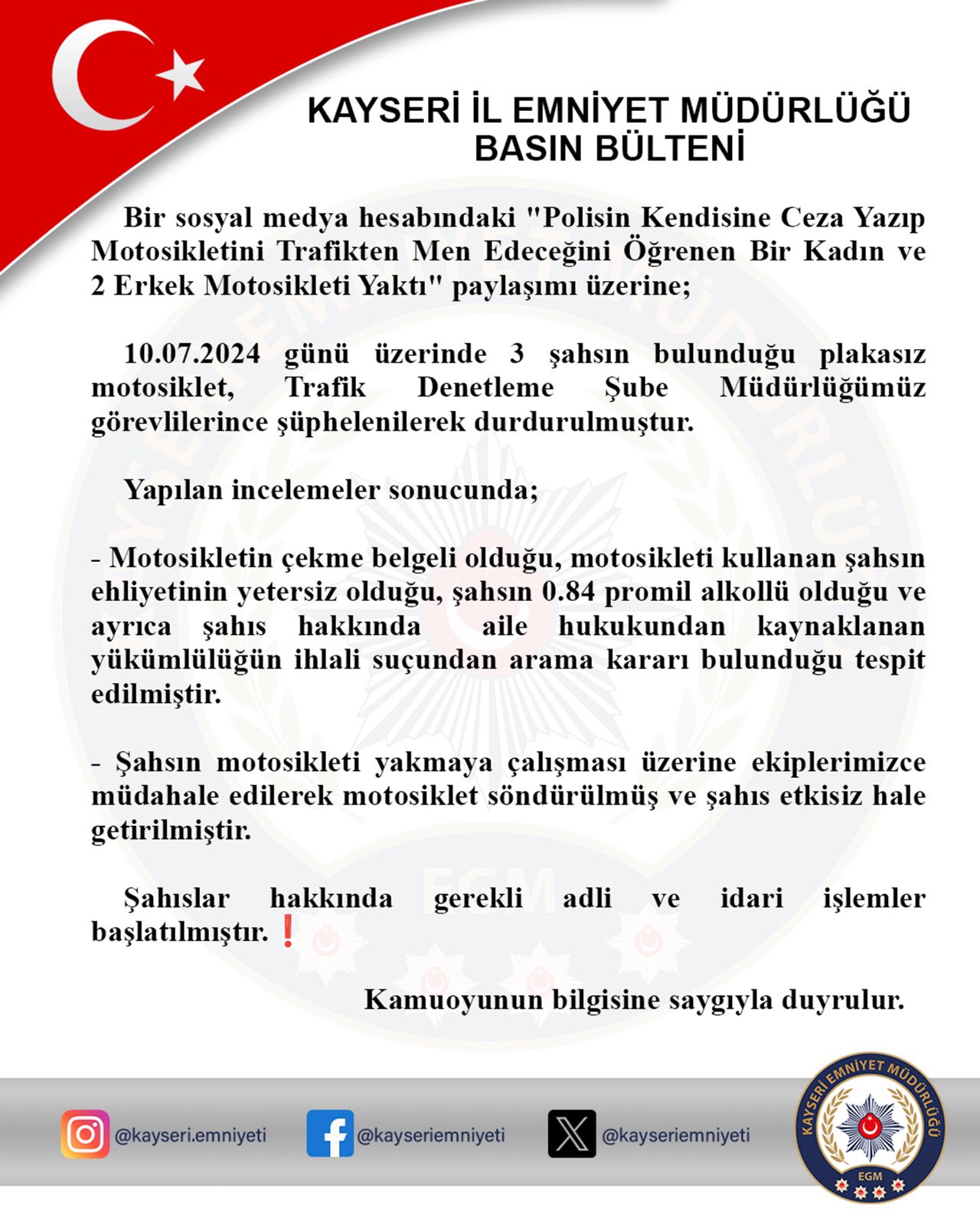 Motosikleti yakmaya çalışan şahıs hakkında işlem yapıldı